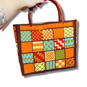 Retro Vintage Multi Colored Knit Wood Handled Purse